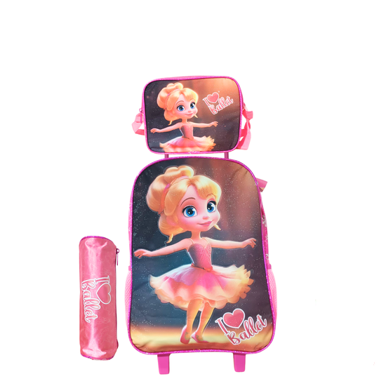 Kit Mochila de Rodinha + Lancheira + Estojo Infantil I Love Ballet