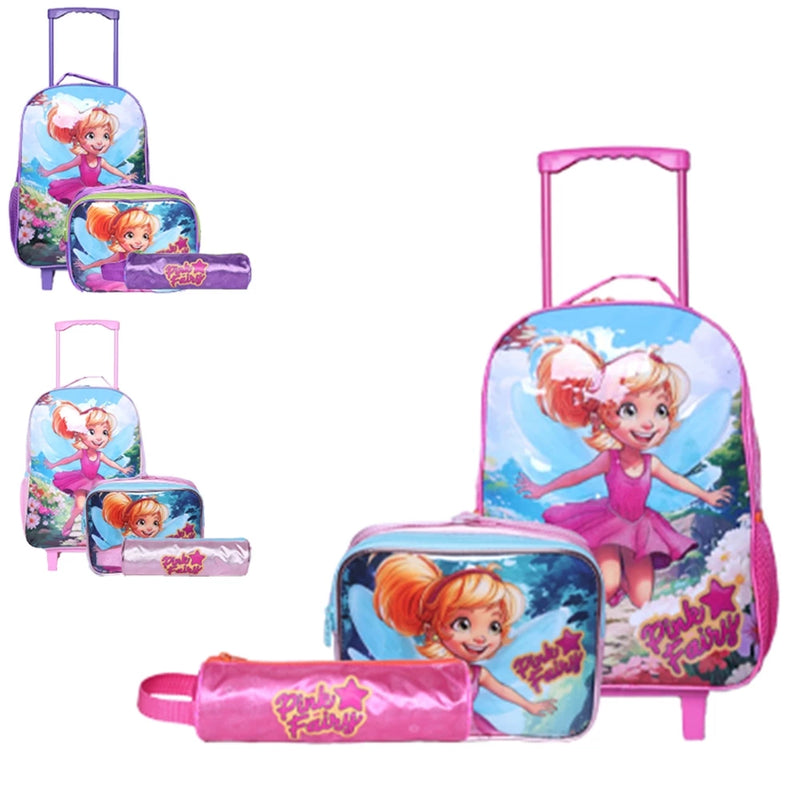 Kit Mochila de Rodinha + Lancheira + Estojo Infantil Pink Fairy