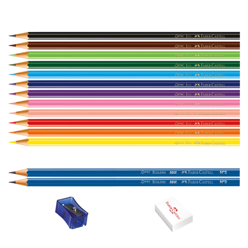 Kit Escolar 12 Cores + 2 Ecolápis Grafite + 1 Apontador + 1 Borracha