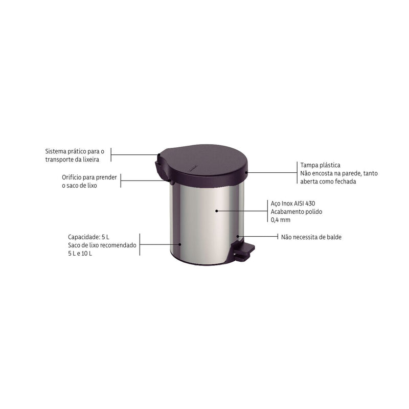 Lixeira Inox com Pedal New 5L