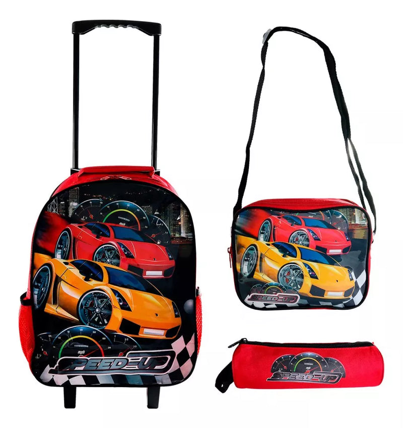 Kit Mochila de Rodinha + Lancheira + Estojo Infantil Speed Up