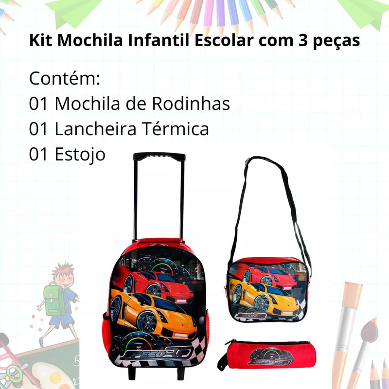 Kit Mochila de Rodinha + Lancheira + Estojo Infantil Speed Up